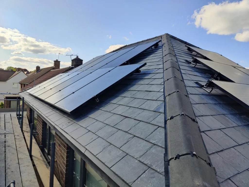 Solar panels fitted on a slate roof